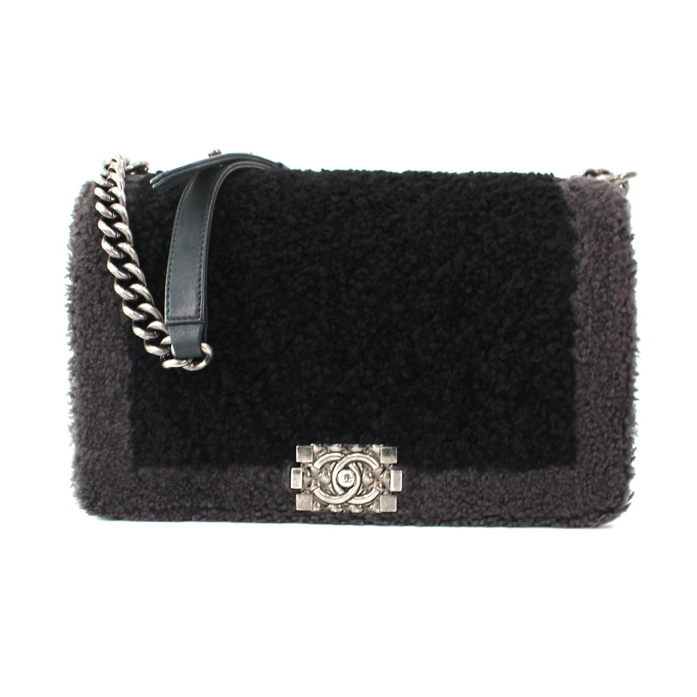 Chanel Large Boy Two Tone Black Grey Flap Top Wool Sherpa Shoulder Bag Silver CC